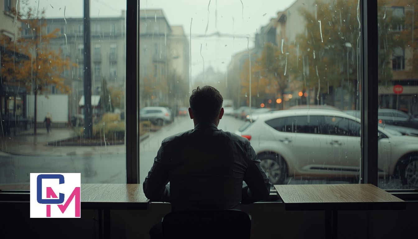 Man sitting alone in a café looking out of a window in a reflective mood